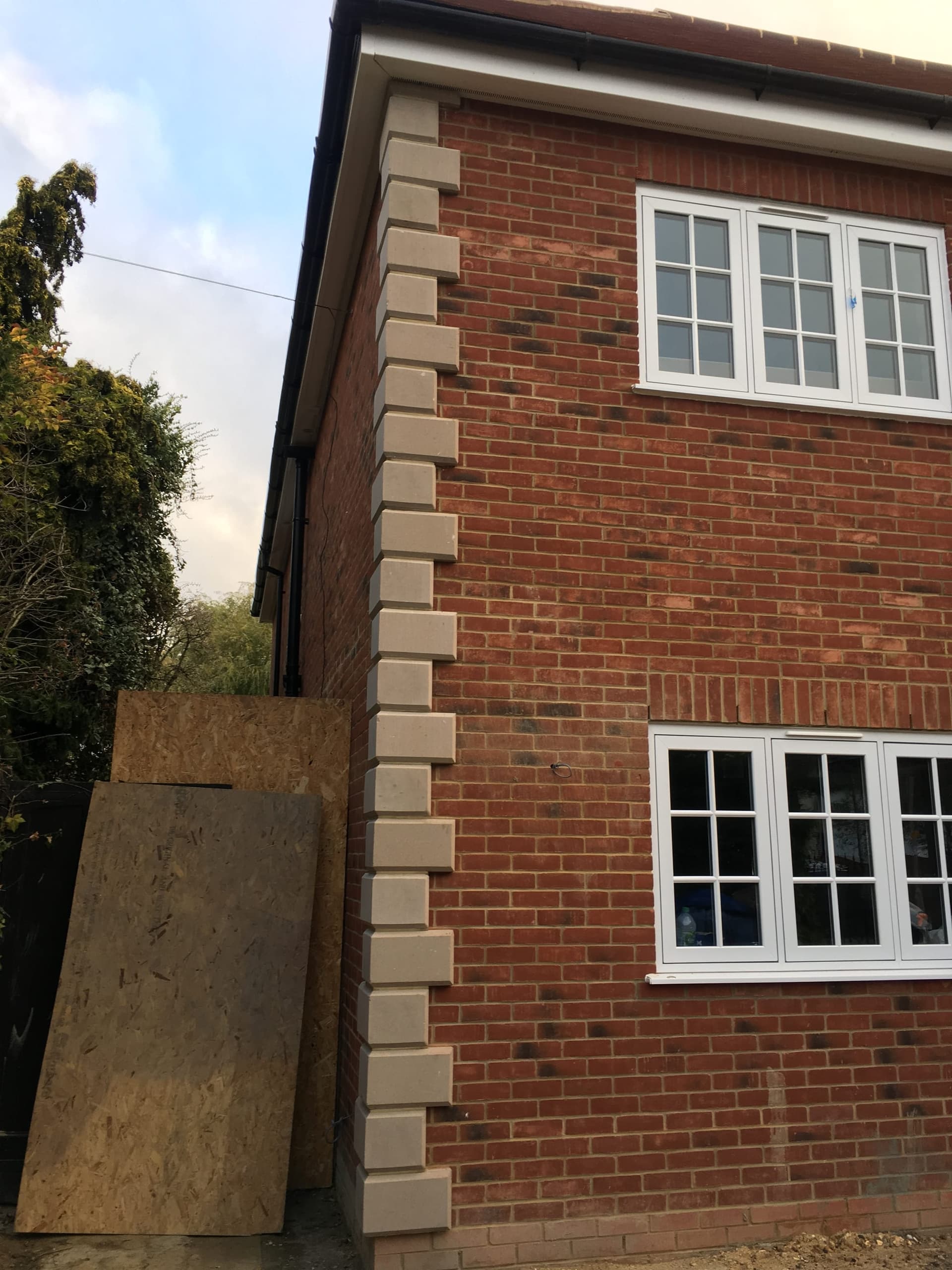 Close-up of the brickwork and roof eaves detail